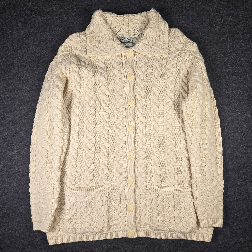 Aran Crafts Women's Cream Cable Knit Irish Wool Cardigan Sweater Size L